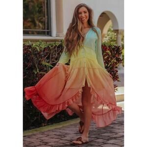 ChicWish Women's Vacay Paradise Gradient V-NECK Maxi Dress L Rainbow Resort